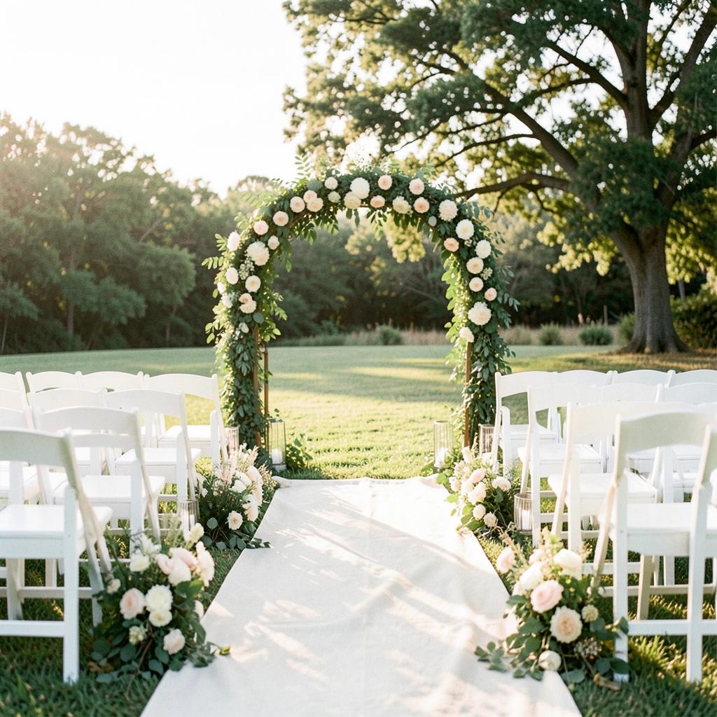 Outdoor ceremony aisle with white chairs and a floral arch
