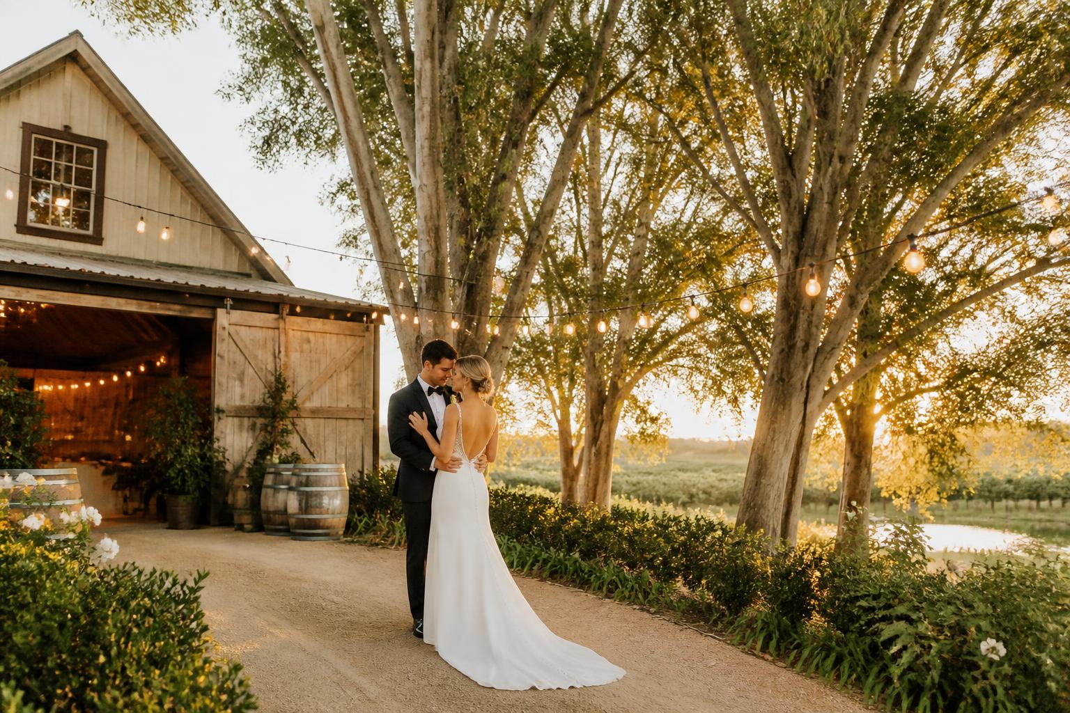 The Barn wedding venue at golden hour with string lights