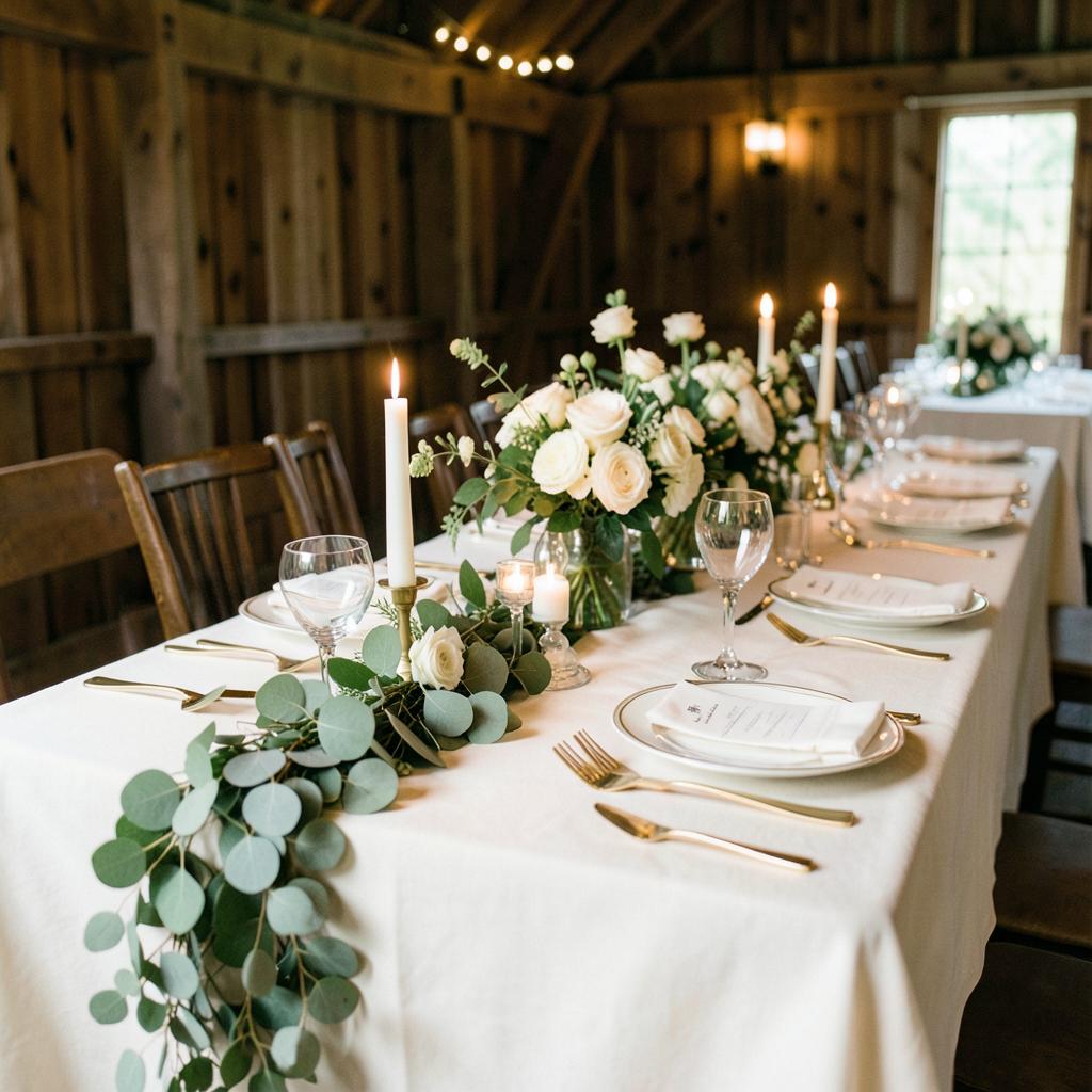 Reception table set with ivory linen, candles and eucalyptus